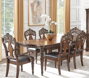 Handly Manor Brown Dining Table and 6 Woodback Side Chairs