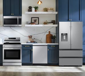 Samsung 4-Piece Kitchen Package with a 30 cu. ft. 4-Door French Door Refrigerator with Dual Freezers PLUS a FREE $100 Furniture Gift Card!
