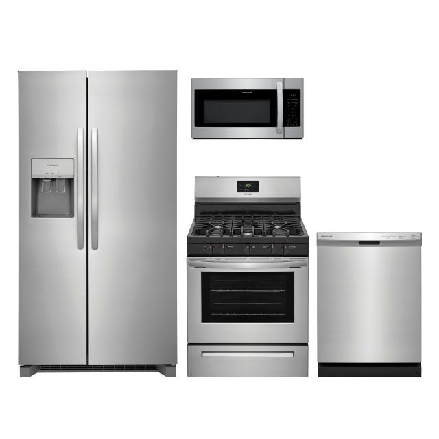 Frigidaire® 4-Piece Gas Kitchen Package with 25.6 Cu. Ft. Full Depth Side-by-Side Refrigerator and 5-burner Range