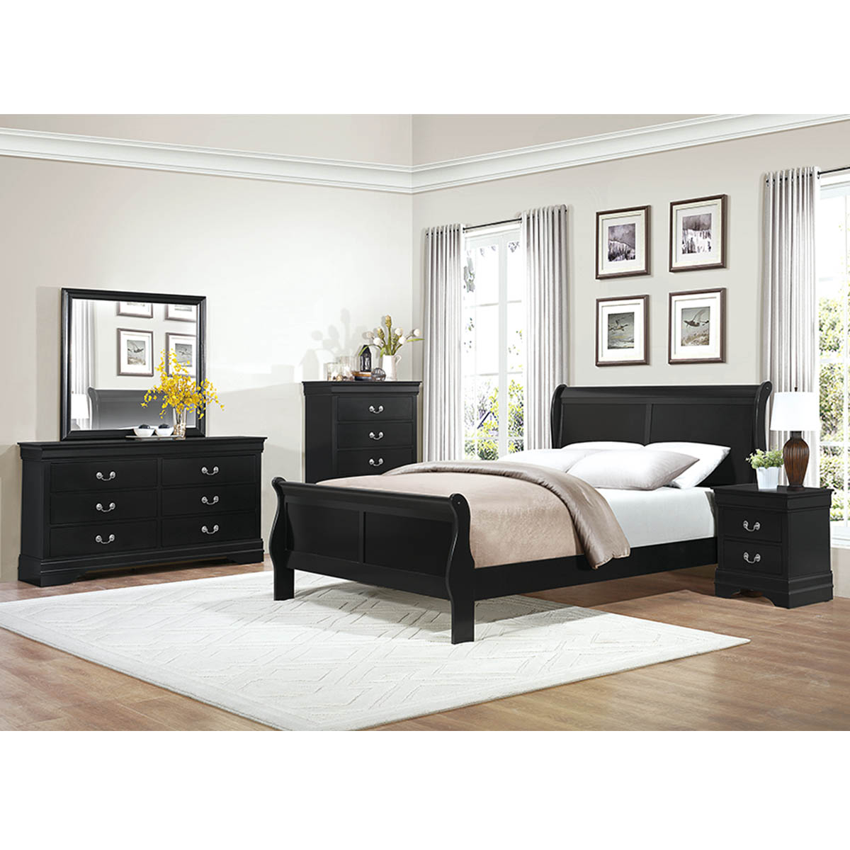 Homelegance Mayville Black Queen Sleigh Bed, Dresser, Mirror & Nightstand