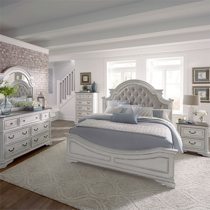 Liberty Furniture Magnolia Manor 4 Piece Antique White Queen Upholstered Bedroom Set