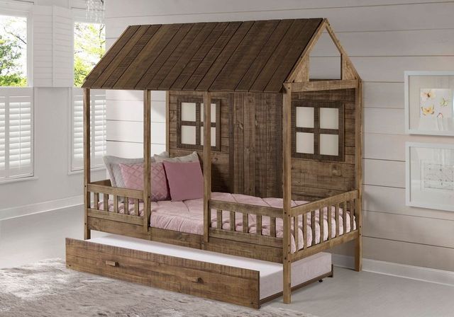 Donco Kids Rustic Driftwood Twin Front Porch Loft Bed with Trundle-0