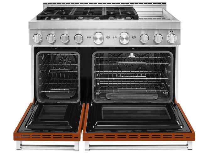Cuisinière à gaz de style professionnel de 48 po KitchenAid® de 6,3 pi³ avec plaque chauffante - Orange brûlé 1