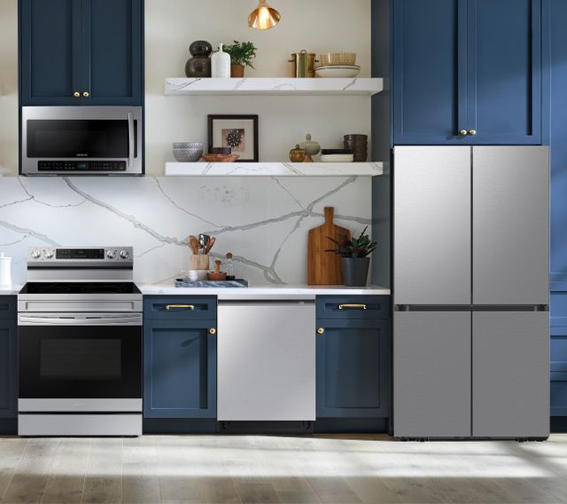 Samsung 4-Piece Stainless Steel Kitchen Package with a 29 cu. ft. Smart Bespoke 4-Door Flex™ Refrigerator PLUS FREE 10pc Luxury Cookware ($800 Value!)