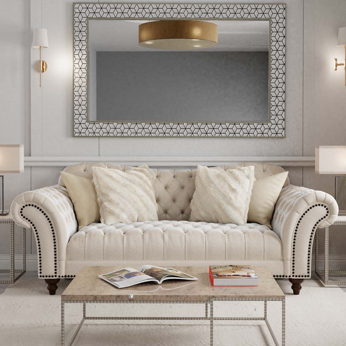 Aria Designs Lorraine Sand Paisley Tufted Sofa