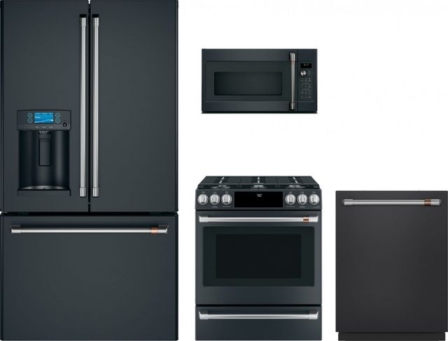 Cafe 4pc Matte Black Smart Appliance Package - 27.8 cu.ft. French Door Fridge and Convection Gas Slide-In Range with Air Fry