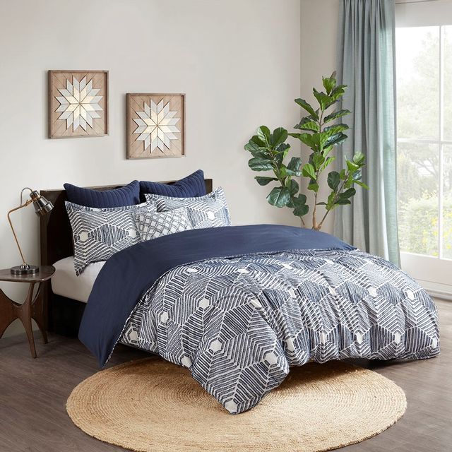 Olliix by INK+IVY Navy Full/Queen Ellipse Cotton Jacquard Duvet Cover Set-3