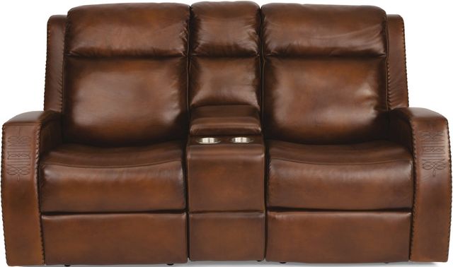 Flexsteel® Mustang Brown Power Reclining Loveseat with Console and Power Headrests 1