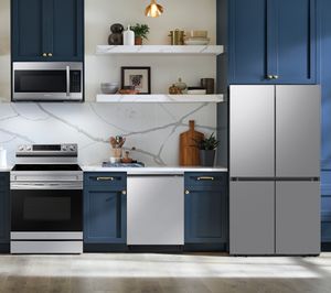 Samsung BUY 2 GET 2 FREE 4-Piece Stainless Steel Kitchen Package with a 23 cu. ft. Counter-Depth Smart Bespoke 4-Door Flex™ Refrigerator PLUS a FREE $200 Furniture Gift Card!