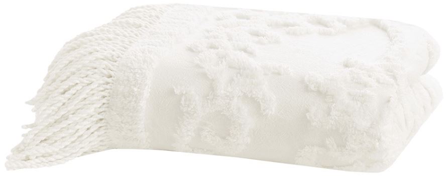 Olliix by Madison Park Chloe Ivory 100 Cotton Tufted Chenille Lightweight Throw with Fringe Tassel