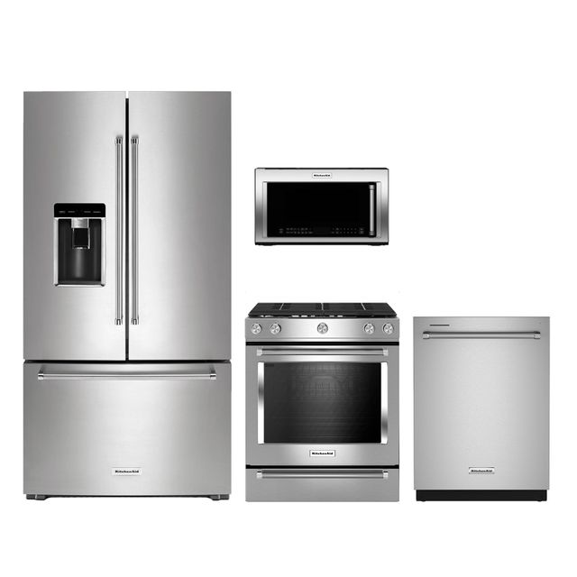 KitchenAid 4pc Appliance Package - 23.8 cu.ft. Counter-Depth French Door Fridge and InstaView Convection Gas Slide-In Range w/ Air Fry