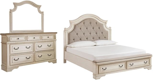 Signature Design by Ashley® Realyn 3-Piece Chipped White King Upholstered Bed Set