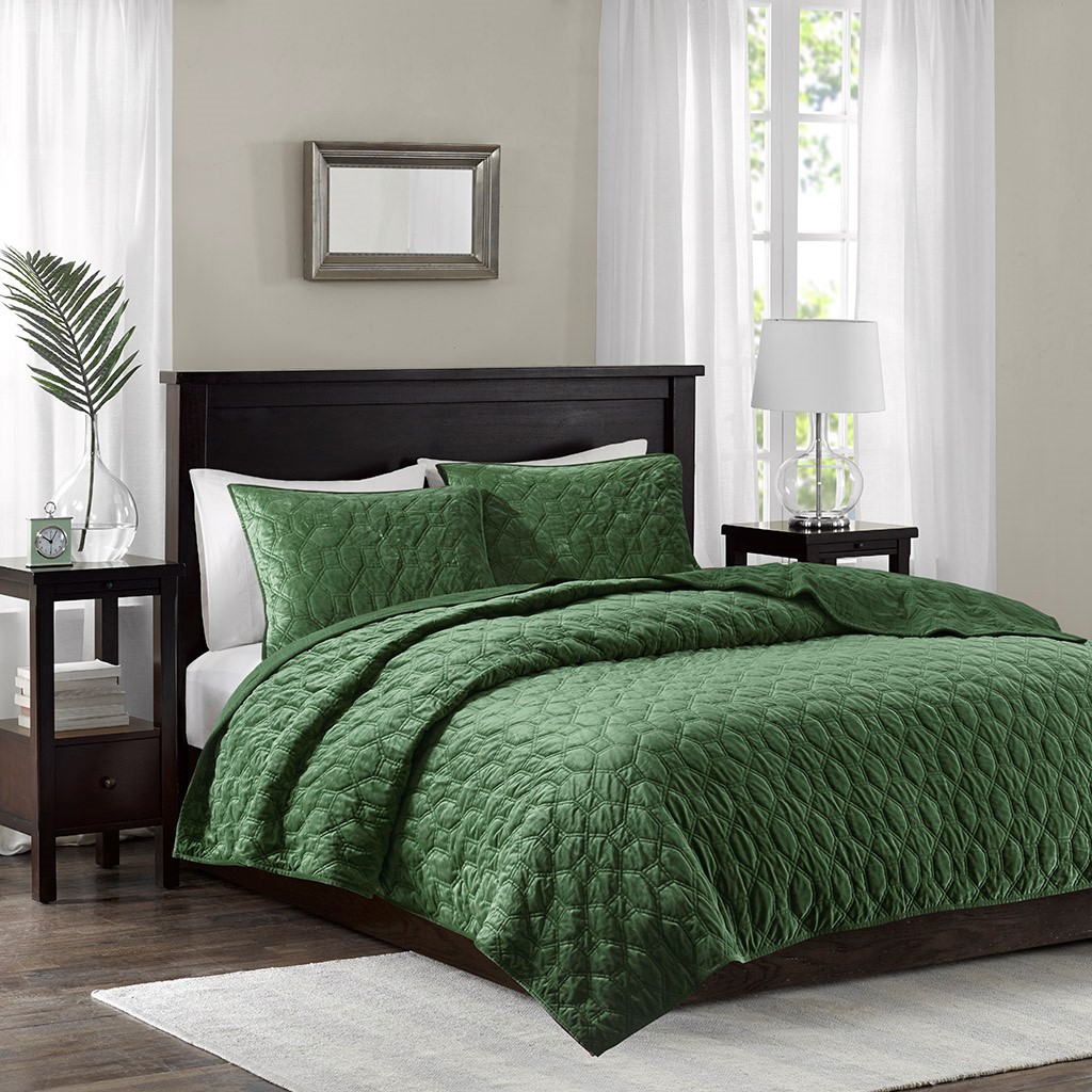 Olliix by Madison Park 3 Piece Green Full/Queen Harper Faux Velvet ...