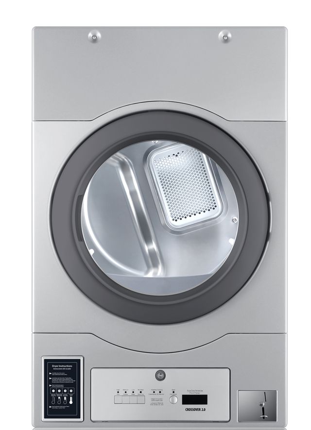 Crossover True Commercial Laundry - 7.0 Cu. Ft. Silver Heavy Duty Bottom Control Gas Dryer with Coin Option/Card Ready Included (Stacked application)