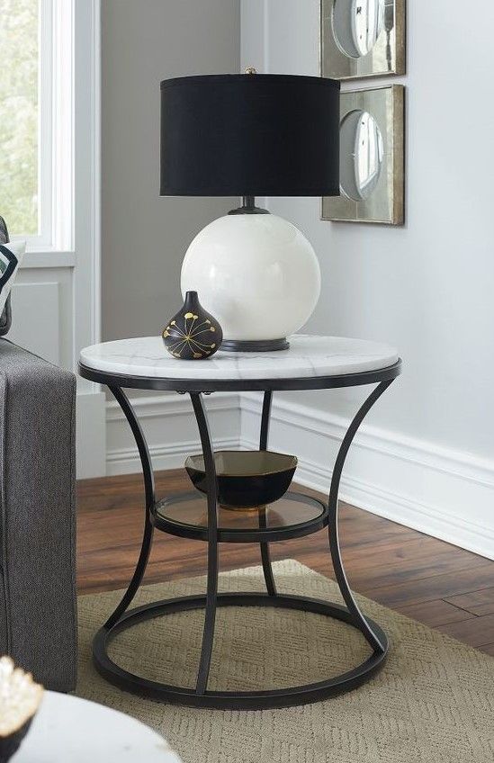 Hammary® Impact White Marble Top Round End Table with Gray Base-2