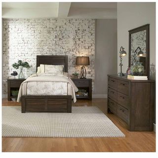 Samuel Lawrence Furniture Ruff Hewn Twin Panel Bed, Dresser, Mirror & Nightstand