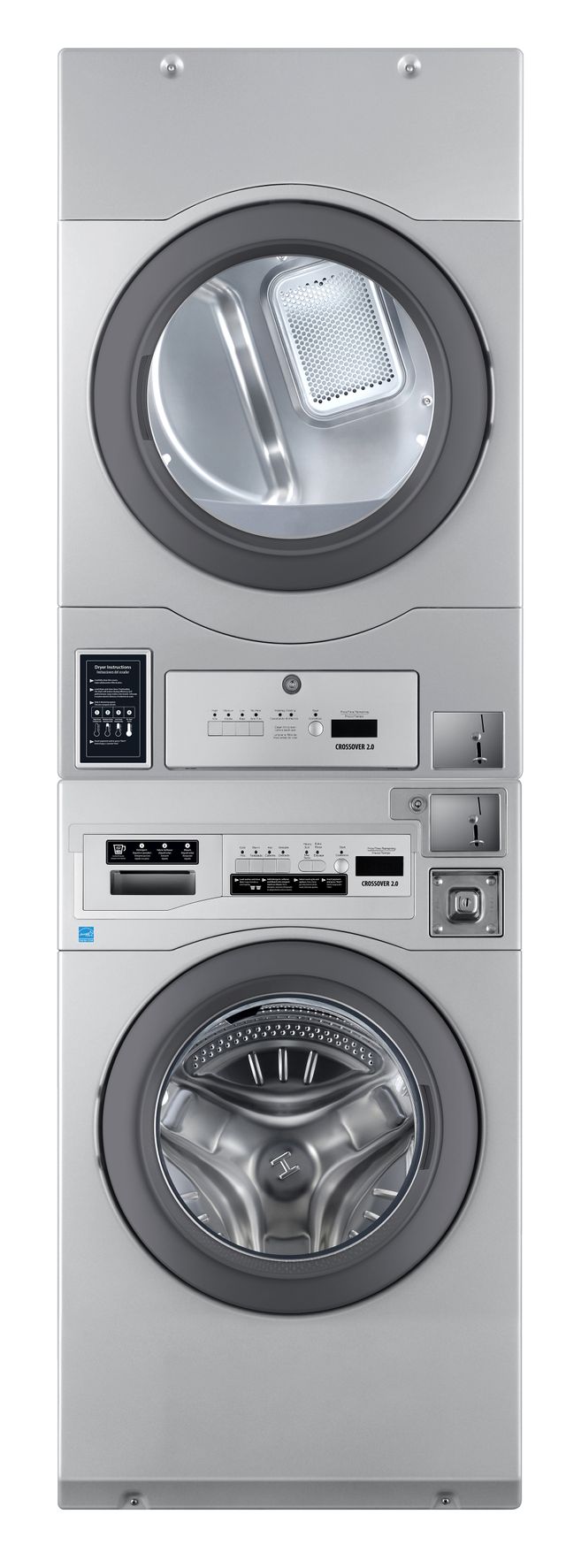 Crossover True Commercial Laundry - 7.0 Cu. Ft. Silver Heavy Duty Bottom Control Electric Dryer with Coin Option/Card Ready Included (Stacked application) 1