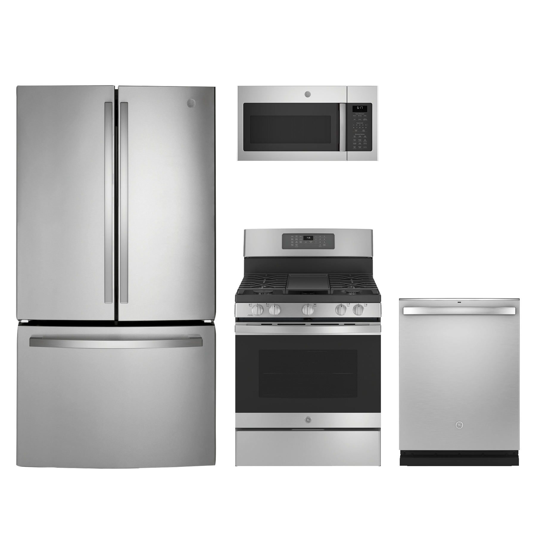 GE 4pc Appliance Package -  27 Cu. Ft. French Door Fridge and Convection Gas Range with Air Fry