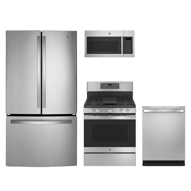 GE 4pc Appliance Package -  27 Cu. Ft. French Door Fridge and Convection Gas Range with Air Fry