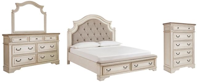 Signature Design by Ashley® Realyn 4-Piece Chipped White Queen Upholstered Bed Set