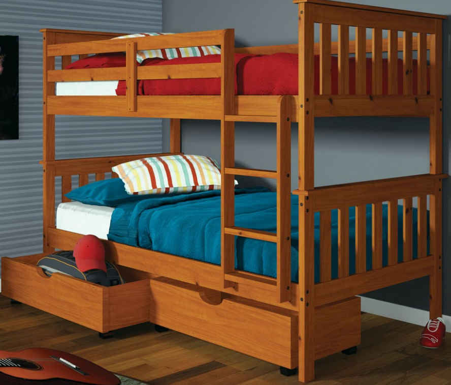 Donco Trading Company Honey Twin/Twin Mission Bunk Bed With Dual Under Bed Drawers