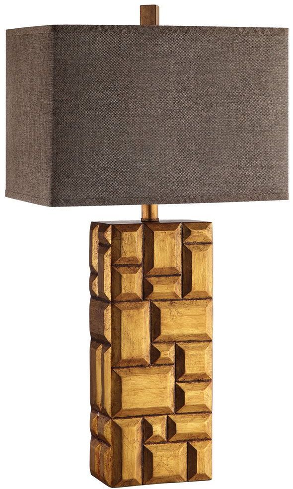Stein World Swanson Table Lamp In Golden Tan Beveled Geometric Pattern With Brown Linen Hardback Shade