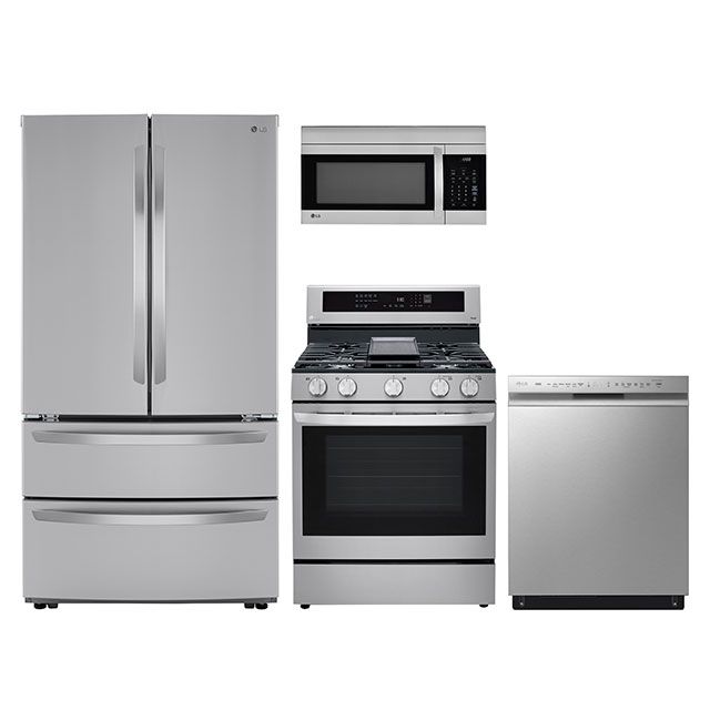 LG 4-Piece Gas Appliance Package with 23.cu.ft. Counter Depth 4-Door French Door and 5-Burner InstaView Convection Range with Air Fry-0