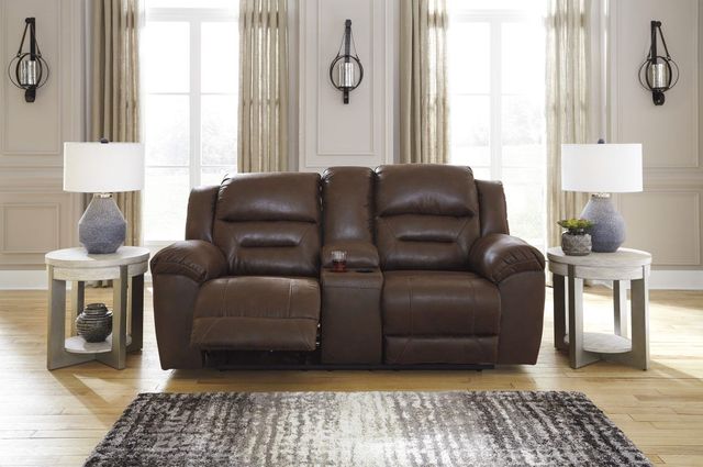 Signature Design by Ashley® Stoneland Chocolate Double Reclining Console Loveseat 3