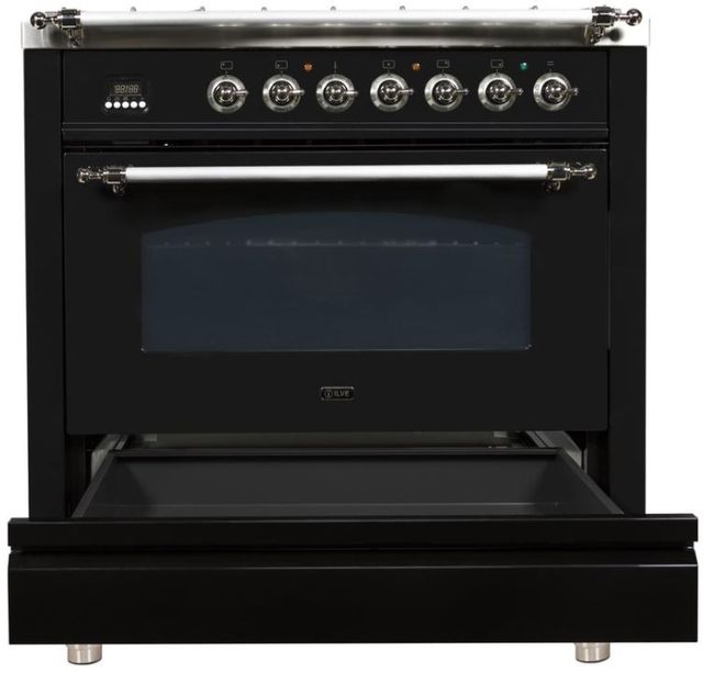 Ilve® Nostalgie Series 36 Glossy Black Free Standing Dual Fuel Liquid Propane Range Big Sandy 6108