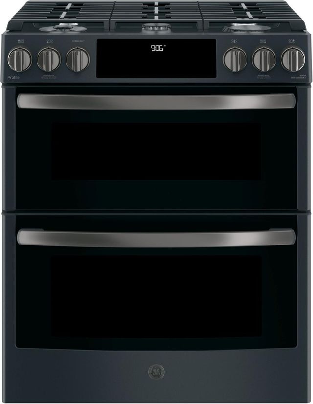 GE Profile™ 30" Black Slate Slide-In Front Control Gas Double Oven Convection Range