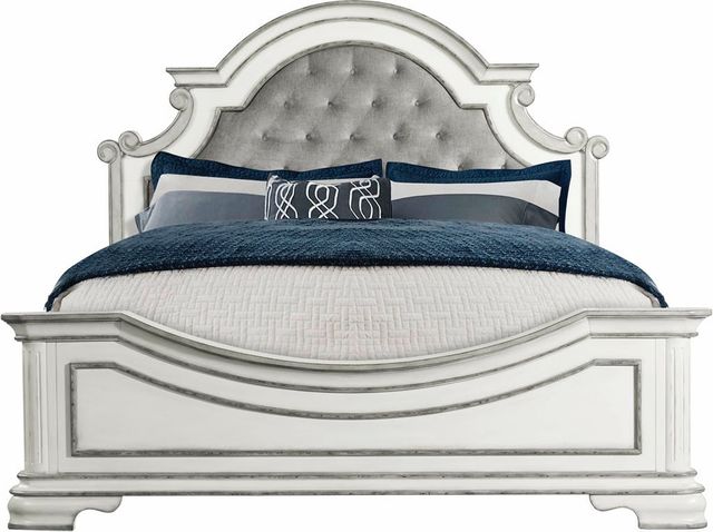 Elements International Leighton Manor Antique White Upholstered Queen Bed