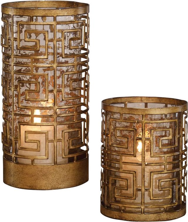 Uttermost Ruhi Antiqued Gold Hurricane Candle Holders | Evans Furniture ...