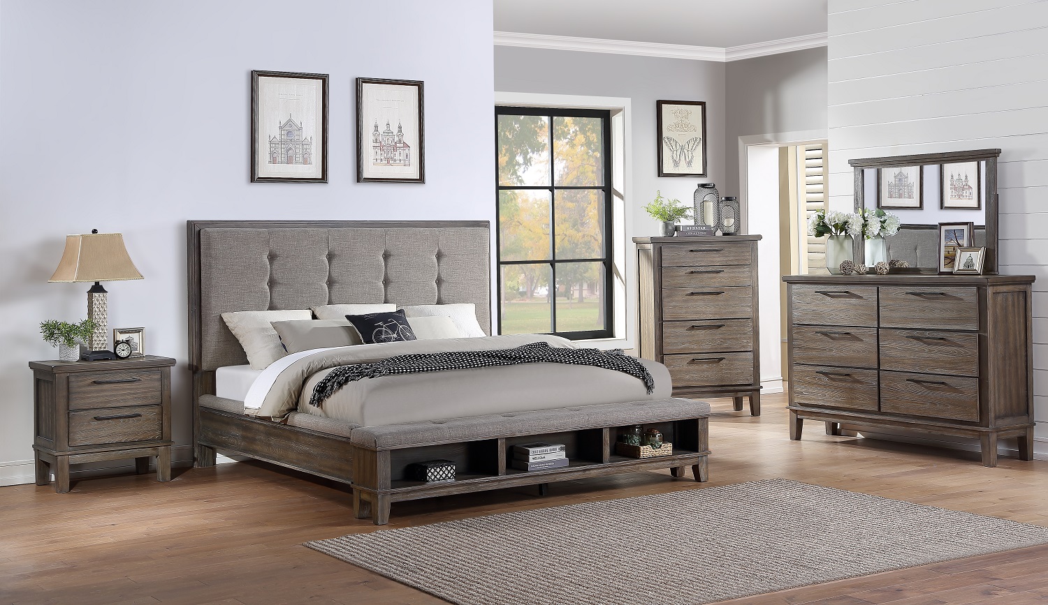 New Classic Furniture Cagney Grey Queen Platform Bed, Dresser, Mirror & Nightstand