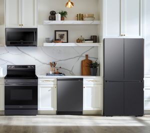 Samsung BUY 2 GETR 2 FREE 4-Piece Black Stainless Steel Kitchen Package with a 23 cu. ft. Counter-Depth Smart Bespoke 4-Door Flex™ Refrigerator PLUS a FREE $200 Furniture Gift Card!