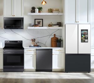 Samsung 4 Pc Kitchen Package with a 30 cu. ft. Smart BESPOKE 3-Door French Door Family Hub Refrigerator with Beverage Center PLUS a FREE Countertop Ice Maker!