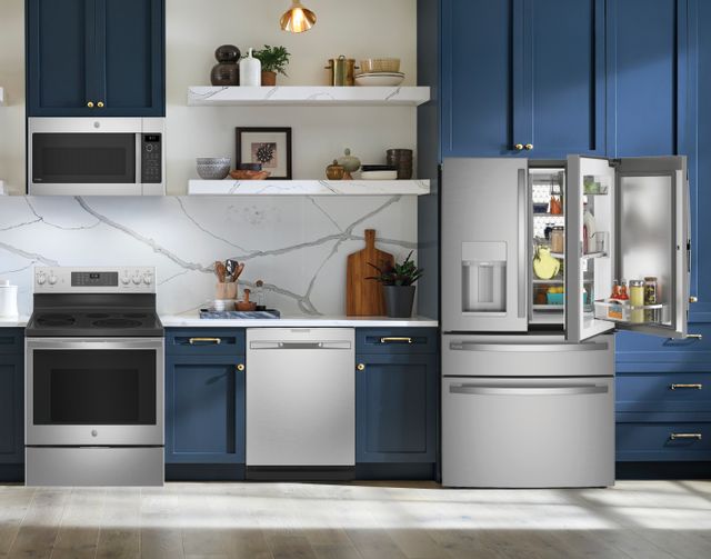 GE PROFILE 4 Piece Kitchen Package with a 27.9 Cu. Ft. Capacity 4-Door French Door Smart Refrigerator PLUS a FREE 10pc Luxury Cookware Set! ($800 Value!)