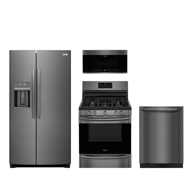 Frigidaire Gallery 4pc Black Stainless Appliance Package -  22.3 Cu. Ft. Side-by- Side Fridge and Freestanding Electric Range with Air Fry