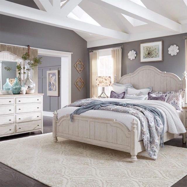 Liberty Furniture Farmhouse Reimagined 3 Piece Antique White Finish with Chestnut Tops King Poster Bed Set 0