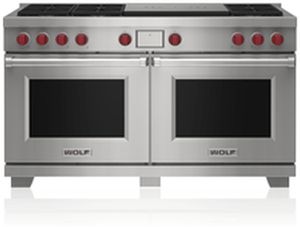 Wolf® 60" Natural Gas Stainless Steel Freestanding Dual Fuel Range and French Top
