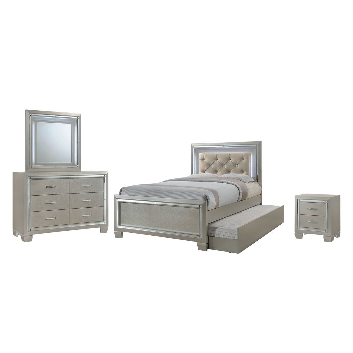 Platinum Youth Twin Bed with Trundle, Dresser Mirror, Nightstand, Mattress Free!