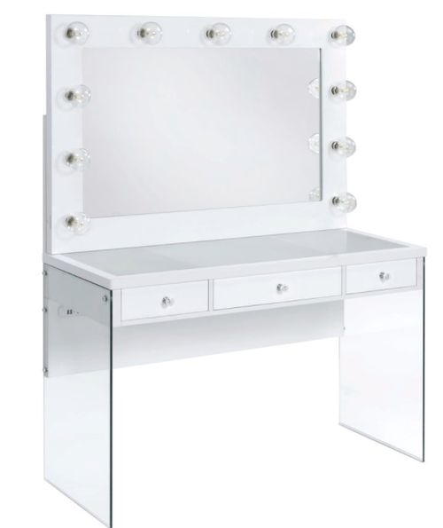Elements International Jacey White Vanity Table with Lightbulbs