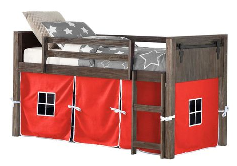 Donco Kids Barn Door Brushed Shadow Twin Low Loft Bed with Red Tent Kit