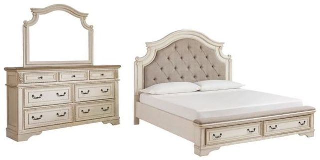 Signature Design by Ashley® Realyn 3-Piece Chipped White Queen Upholstered Bed Set