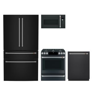 GE Cafe Matte Black 4pc Smart Appliance Package - 28.7 cu.ft. 4Door French Door Fridge and Convection Gas Slide-In Range w/ Air Fry