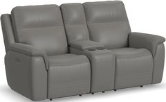 Flexsteel® Sawyer Gray Power Reclining Loveseat with Console and Power Headrests and Lumbar