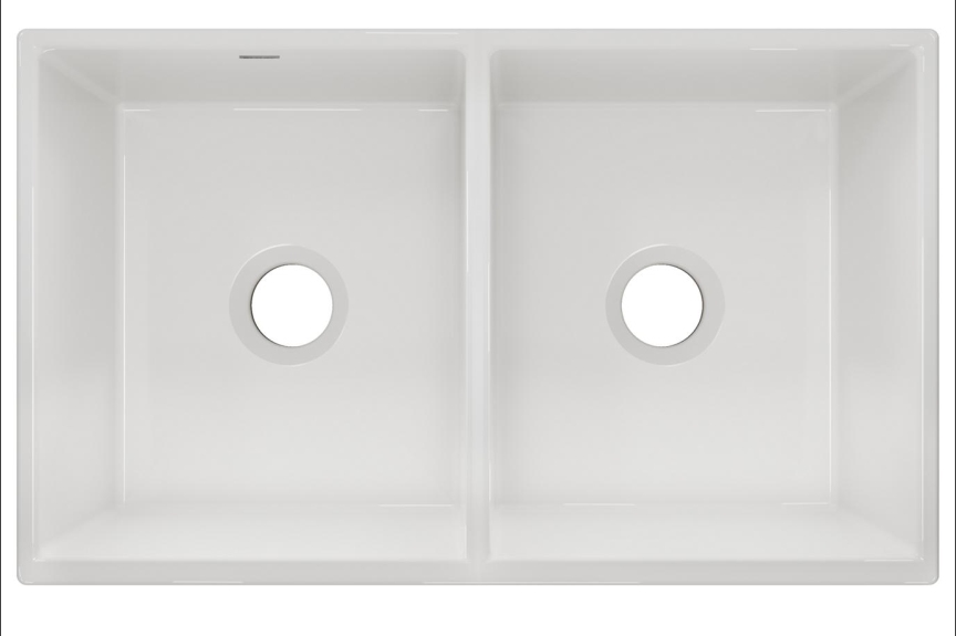 White Elkay SWUF32189WH Fireclay Equal Double Bowl Farmhouse Sink