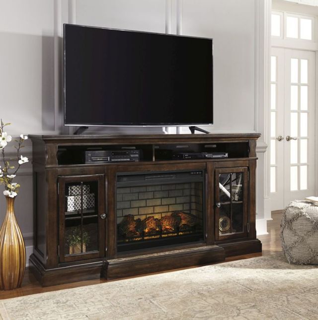 Signature Design by Ashley® Roddinton Dark Brown 74" TV Stand with Electric Fireplace 1