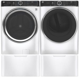 GE 850 Series White Front Load Washer & Gas Dryer Package w/ Pedestals