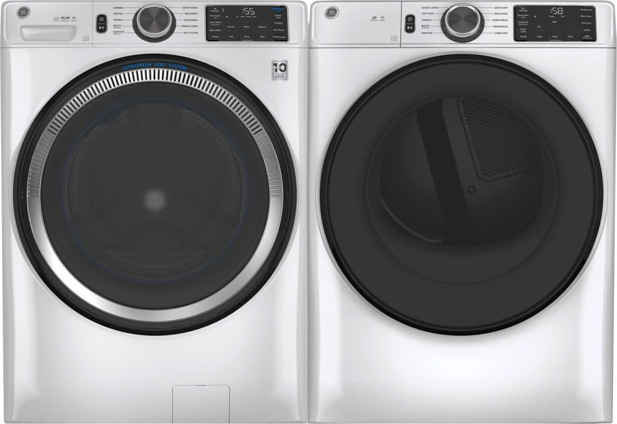 white front Load washer and dryer with black accents