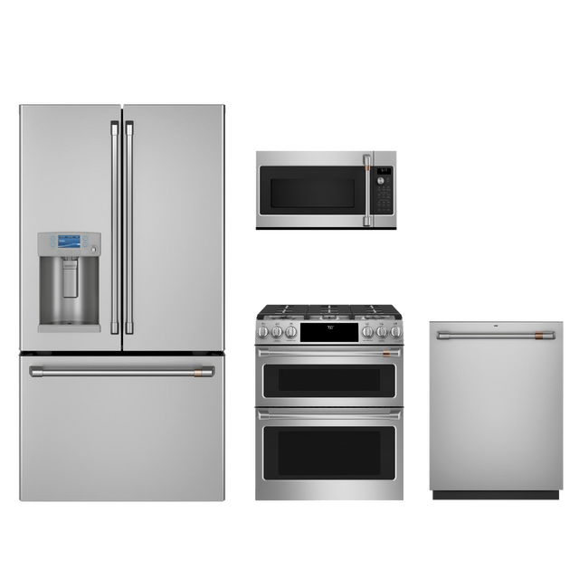 Cafe 4pc Smart Appliance Package - 22.1.8 cu.ft. Counter-Depth French Door Fridge and Double-Oven Convection Gas Slide-In Range with Air Fry